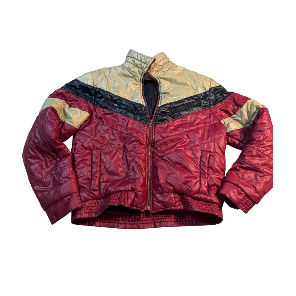 Vtg Alpine Ski  80s Puffer Jacket Red Black Gold‎ Chevron Winter Coat Size L